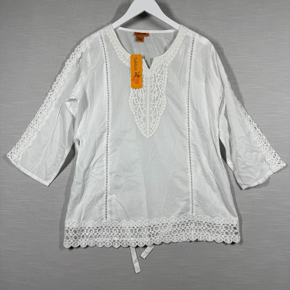 Sakkas Top Womens 6 White Sheer Boho Casual Peasant Blouse Embroidered Crochet